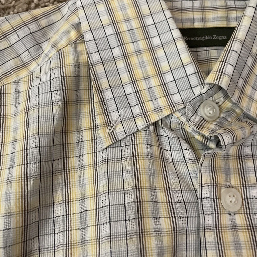 Ermenegildo Zegna Mens‎ M Plaid Shirt Yellow Gray Cotton Long Sleeve Button Up